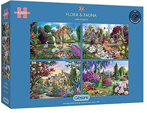 Flora & Fauna | 4 x 500 Piece Jigsaw Puzzles | Multi-Box Jigsaw | Sustainable Puzzle for Adults | Premium 100% Recycled Board | Great Gift for Adults | Gibsons Games