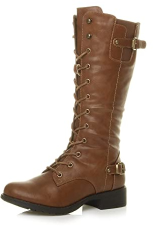 AJVANI Womens ladies low heel lace up zip biker army combat military calf boots size