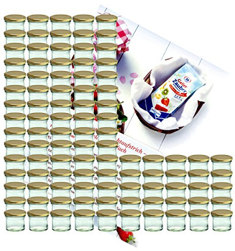 MamboCat 100er Set Sturzglas 125 ml Marmeladenglas Einmachglas Einweckglas to 66 Goldener Deckel incl. Diamant-Zucker Gelierzauber Rezeptheft