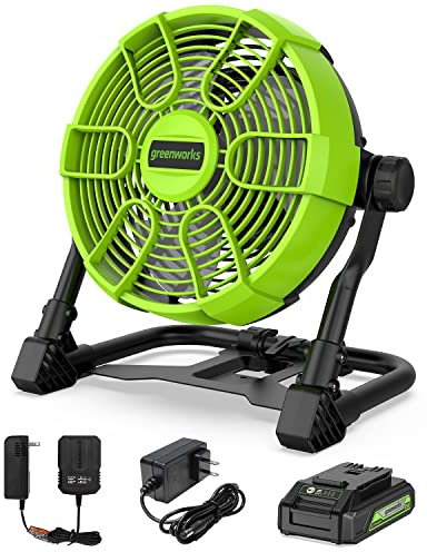 Greenworks 24V 10 (5-Speed) Fan (500 CFM), Hybrid (AC / DC), 2.0 Ah USB (Power Bank) Battery and Charger Included