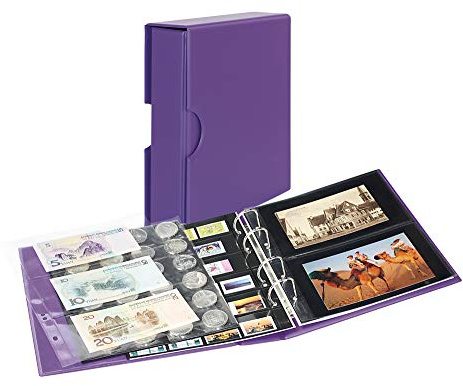 LINDNER Das Original Album PUBLICA M Color pour Cartes Postales/Photos, avec 10 Feuilles Plastiques à 2 Poches utilisables Recto-Verso - Viola (Violet) - avec boîtier de Protection Assorti