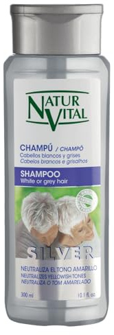 NaturVital - Champú Silver, Sin Parabenos, Natural, Cabellos Blancos y Grises, Neutralizador y Matizador de Pelo Rubio, Pigmento Azul, para Hombres y Mujeres, 300ml