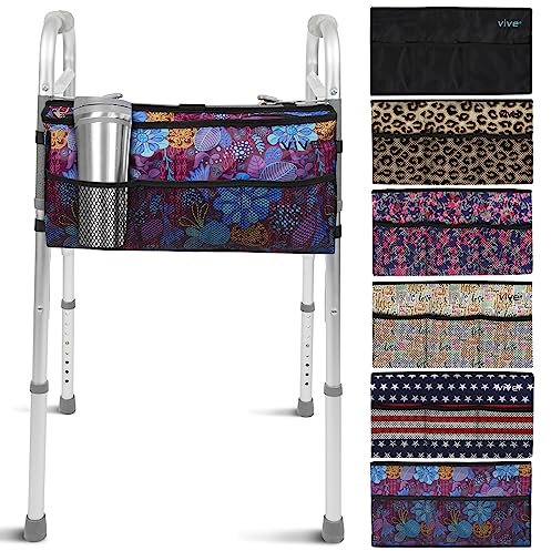 Vive Wheelchair Zimmer Frame Bag - Water Resistant Accessory Basket Provides Hands Free Storage for Folding Walkers - Attachment Fits Wide (Purple Floral)