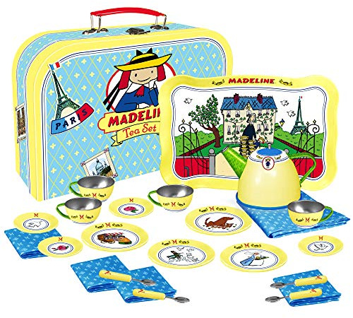 YOTTOY Madeline Collection | 23-Piece Kids Tin Tea Set Toy w/ Illustrations, Monograms, Carry Case