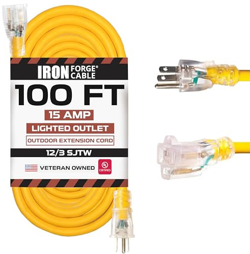 IRON FORGE CABLE 100 Foot Outdoor Extension Cord - 12/3 SJTW Heavy Duty Yellow 3 Prong Extension Cable, 15 AMP - Great for Garden and Major Appliances