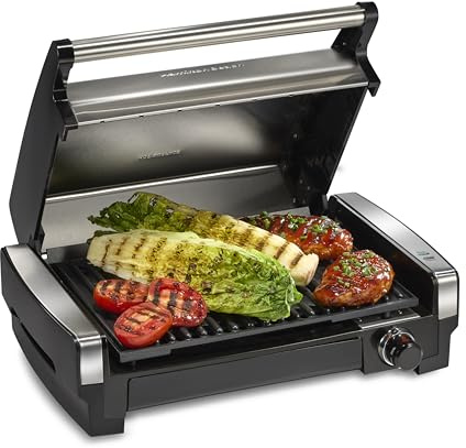 Hamilton Beach Electric Indoor Searing Grill with Adjustable Temperature Control to 450F, 118 sq. in. Surface Serves 6, PFAS-Free Removable Nonstick Grate, Stainless Steel (25360)
