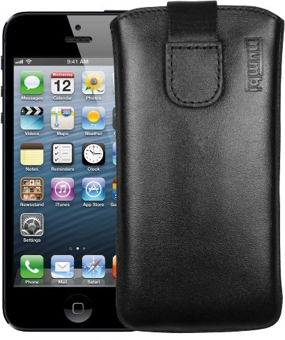 mumbi mobiltelefonfodral äkta läder med klaff och dra upp rem för iPhone 5 svart