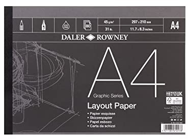 Daler-Rowney Graphic Series 45gsm A4 Layout Paper Pad 80 White Sheets | Glued 1 Side, White Sheets, For Professional Artists, Illustrators & Students