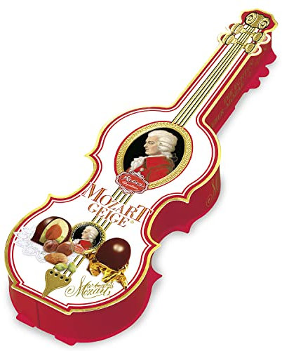 Reber, Mozart-Kugeln Geige, 7er Packung, Mozart-Kugeln aus Zartbitter-Schokolade, Gefüllt mit Pistazien-Marzipan, Mandeln und Haselnuss-Nougat, 140g (7 Mozart-Kugeln)