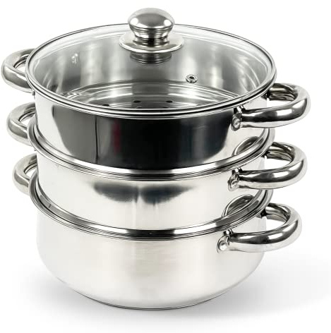 3PC 22CM STAINLESS STEEL STEAMER COOKER POT SET GLASS LID | 3 PAN FOOD COOK ALL NEW