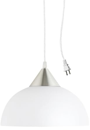 Globe Electric 64413 1-Light Plug-in Pendant, Brushed Steel, Frosted White Shade, 15ft Clear Cord, in-Line On/Off Switch, E26 Base Socket, Kitchen Island, Café, Hanging Light, Bulb Not Included