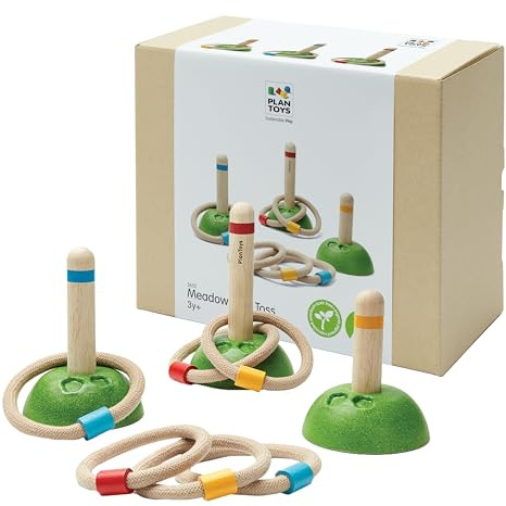 PlanToys® Meadow Ring Toss Wooden Montessori Coordination and Gross Motor Toy | Focus, Aim, Balance and Movement Development Activity | Eco Friendly Outdoor and Indoor Learning Game