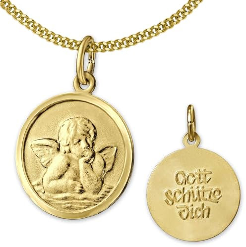 CLEVER SCHMUCK Goldener Engel Anhänger rund Ø 14 mm Rückseite Gott schütze Dich 333 Gold 8 Karat & vergoldeter Kette Panzer 45 cm im Schmucketui
