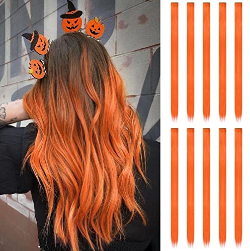 FESHFEN Farbige Haarverlängerung, 10 PCS Orange Haarteil für Damen Synthetik Party Highlight Bunte Glatte Haarverlängerungen Clip in Haarteil für Frauen, 55cm