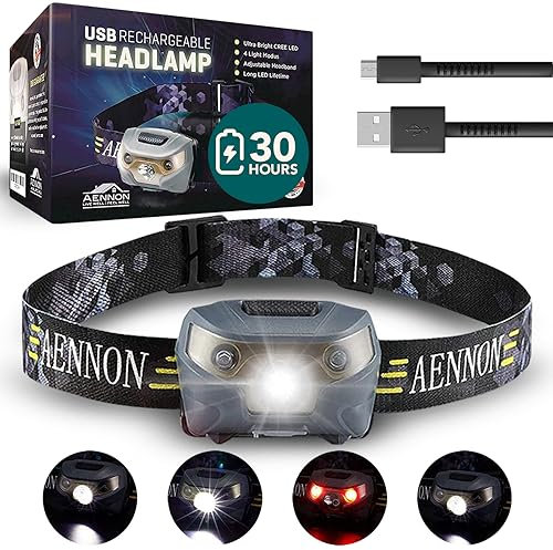 Aennon Lampe Frontale Rechargeable - 220 Lumens, 150m de Portée, Batterie de 30 Heures - Lampe Frontale Étanche à LED Alimentée par Batterie - Idéale pour le Camping, la Course à Pied, la Randonnée.