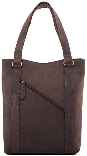 LEABAGS Leder Handtasche Damen I Premium Echtleder Schultertasche I Damen Henkeltasche I Damentasche I Tragetasche für Arbeit Uni Schule Freizeit I 37 x 29 x 6 cm I Nature Dunkelbraun