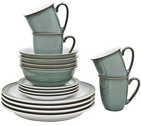 Denby - Regency Green Dinner Set For 4 - 16 Piece Ceramic Green, White Tableware Set - Dishwasher Microwave Safe Crockery Set - 4 x Dinner Plates, 4 x Small Plates, 4 x Cereal Bowls, 4 x Mugs