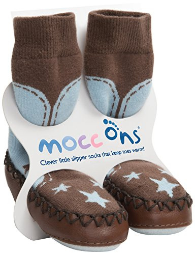 Mocc Ons moccasin washable leather sole slipper socks (12-18 Months, Cowboy)