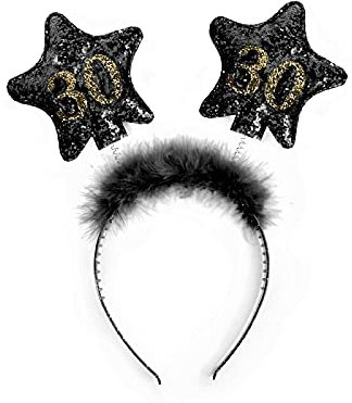 PartyDeco Stirnband mit Sternen und gedruckten Zahlen 30 Schwarz mit Fell Haarband für 30. Geburtstag Runde Geburtstag Gadgets Geburtstagsgeschenk Haarschmuck