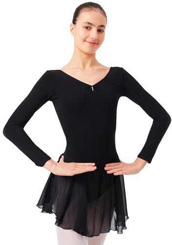 tanzmuster ® Ballettkleid Mädchen Langarm - Anna - aus weichem Baumwollstoff mit Glitzersteinen und Chiffon Röckchen fürs Kinder Ballett Ballettbodyin schwarz, Größe:164/170