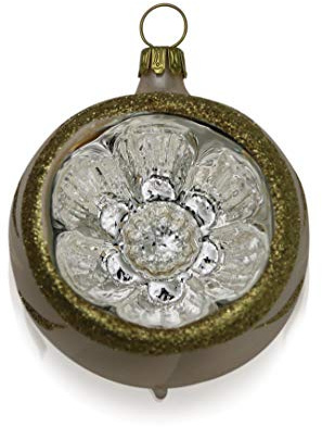 Lauschaer Glas Christbaumkugeln mit Einstich Eislack Champagner mit Dekor 4 Stück d 6cm Christbaumschmuck Weihnachtsbaumschmuck mundgeblasen, handdekoriert