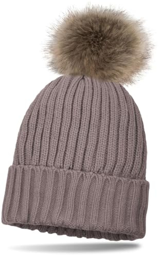 styleBREAKER Cappello in Maglia per Bambini con Pompon, Motivo a Coste e Fodera in Fleece Termico, Berretto Invernale con Pompon in Pelliccia Sintetica 04024031, Colore:Talpa