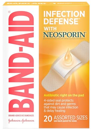 Band-Aid Brand Adhesive Bandages Infection Defense with Neosporin Antibiotic Ointment, Pack of Assorted Sizes, for Wound Care and First Aid, 20 ct
