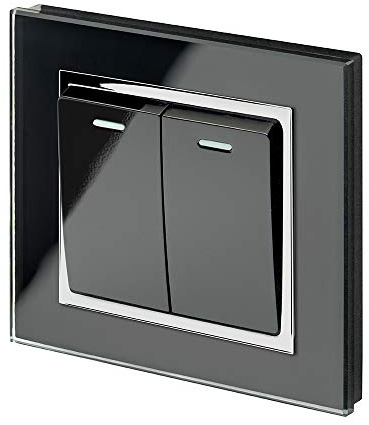 RETROTOUCH RMS22-B kristall dubbel ljusströmbrytare, svart CHOME trimning, 2-vägs, 10AX, svart glas