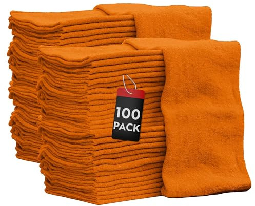 Nabob Wipers Auto Mechanic Shop Towels 100 Pack Bulk Rags 100% Cotton Commercial Grade Shop Rags Size 14x14 (100 Pack, Orange)