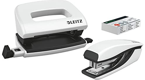 Leitz NeXXt Mini-Locher- und Heftgerät-Set für bis zu 10 Blatt, Inkl. P2 Nr. 10 Heftklammern, perlweiß, WOW, 55612001