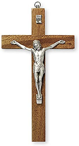 20cm Mahogany Wall Hanging Wood Crucifix Cross Silver Jesus 10591