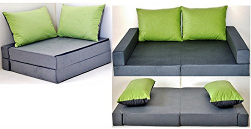 KK A1 grau-grün Kindersofa Kindermatratze Sitzkissen Spielsofa Minicouch Set + 2 Kissen (KKA1 (grau-grün))