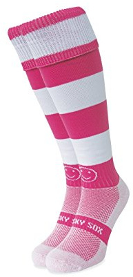 WackySox - Pink and White Hoop Rugby Socks, Sports Socks for Men and Women, Mens Socks, Perfect Socks for Riding, Football, Running, Hockey and other Sports Activities