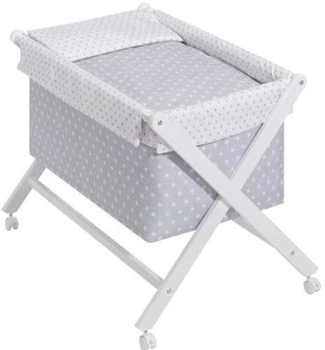 mibebestore Minicuna para Bebe Plegable de Madera con Ruedas Vestidura Colchon Colcha y Edredon Desenfundable 100% Algodon para Recien Nacidos hasta 9 Meses Portatil Diseño Gris/Rosa Estrellitas
