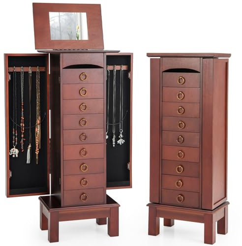 Giantex Jewelry Cabinet Armoire with 9 Drawers, 2 Side Doors, 8 Necklace Hooks, Top Divided Storage Compartments, Makeup Mirror, Large Standing Jewelry Chest Organizer Box