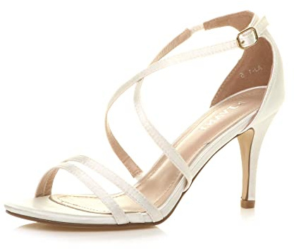 AJVANI Dam damer medelhög klack strappy crossover fest bröllop bal sandaler skor storlek, Elfenben satin, 39 EU