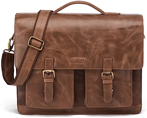LEABAGS Leder Aktentasche Herren & Damen I Echtleder Laptoptasche bis 15 Zoll I Umhängetasche mit Schultergurt I Schultertasche I Messenger Bag I Arbeitstasche I Lehrertasche I Vintage Cognac