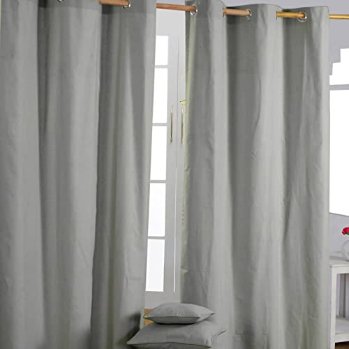 HOMESCAPES – Paire de Rideaux à œillets Prêt-à-Poser – Uni Gris – 100% Coton – 137 x 182 cm