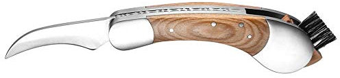 Coltello per funghi di Legnoart in acciaio inox con lama curva, spazzolino di pulizia pieghevole