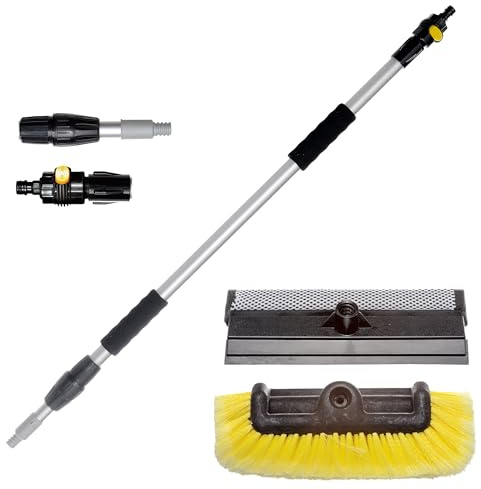 Yachticon Waschbürstenset Nr. 3 – Teleskopstiel 90–175 cm mit Wasserdurchlauf, Waschbürste mit Seitenborsten & Schwamm-Abzieher für Boot, Auto, Wohnmobil & Caravan