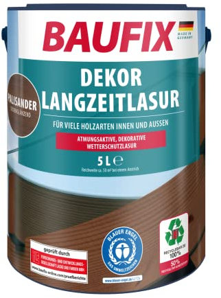 BAUFIX Dekor Langzeitlasur palisander, seidenglänzend, 5 Liter, Holzlasur, Holzschutzlasur für außen und innen, für viele Nadel-/Harthölzer