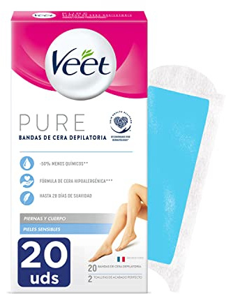Veet Bandas de Cera Fria Depilatoria para Depilación de Cuerpo y Piernas con Aceite de Almendras, Easy Gelwax, Pieles Sensibles, 20 Tiras