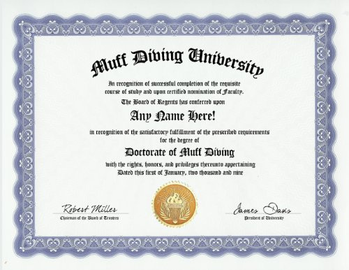 Muff Diving Muff Diver Degree: Custom Gag Diploma Doctorate Certificate (Funny Customized Joke Gift - Novelty Item)