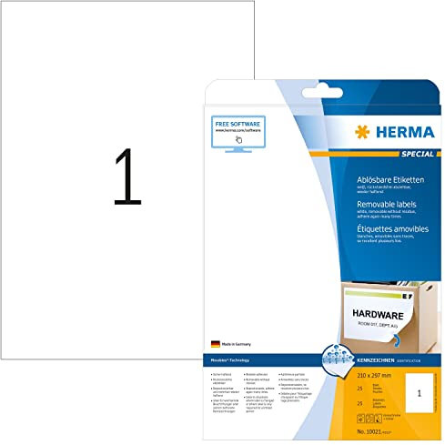HERMA 10021 Universal Etiketten ablösbar, 25 Blatt, 210 x 297 mm, 1 pro A4 Bogen, 25 Stück, selbstklebend, bedruckbar, matt, blanko Papier Klebeetiketten Aufkleber, weiß