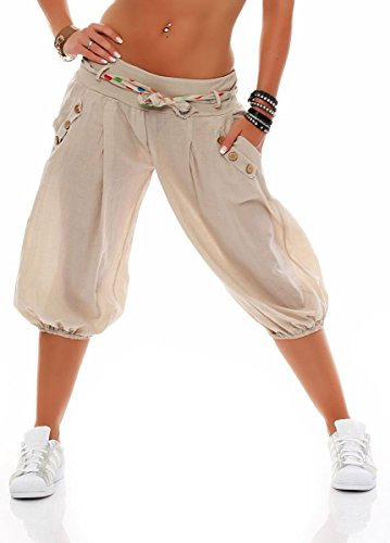 Malito – Damen Haremshose – Pumphose aus Baumwolle – Leichte Stoffhose – Kurze Sommerhose für warme Tage – Aladinhose für Sport und Freizeit 3416 (Beige)