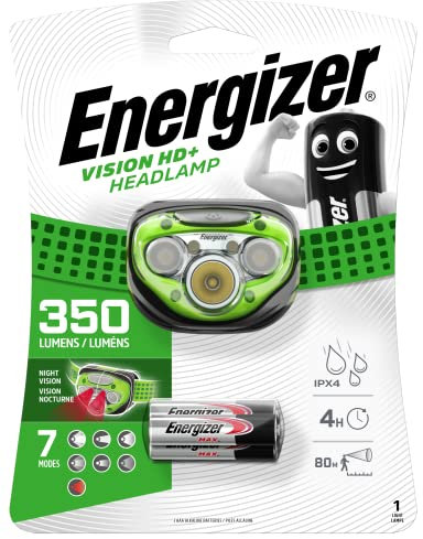 Energizer Vision HD+ Head Torch, Bright Headlamp, Water Resistant, Hands-Free, Lightweight for Indoor and Outdoor Activities, Batteries Included