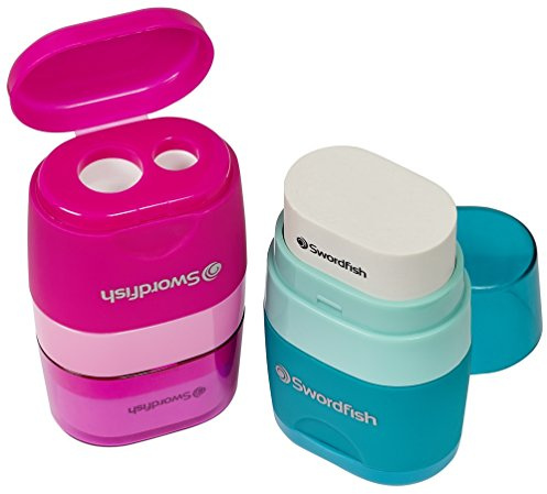 Swordfish ‘Twin Combo’ Double-Hole Pencil Sharpener and Eraser [Pack of 1] Assorted Colours [40296]