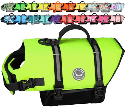 VIVAGLORY Rip Stop Dog Life Vest, Swimming Vest with Handle, Buoyancy for Doggy Puppy, Dog Life Jacket for Swimming & Boating, L, Bright Yellow