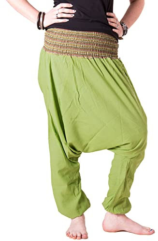 Vishes Damen Sommer Haremshose I lindgrün I Einheitsgröße 106 cm I Luftige Aladinhose mit breitem Smokbund & Gummibündchen I Handgefertigt aus 100% Baumwolle I Nachhaltige Alternative Bekleidung