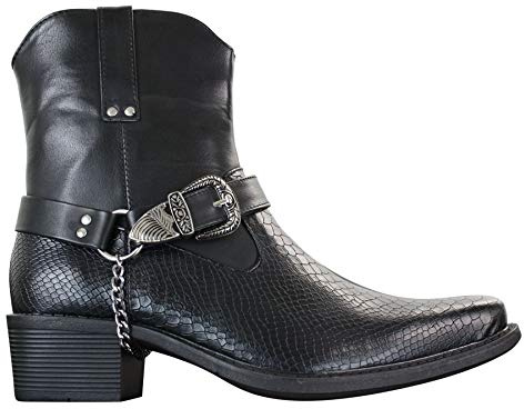 Rossellini Mens White Black Snake Leather Look Cowboy Riding Western Chain Ankle Boots